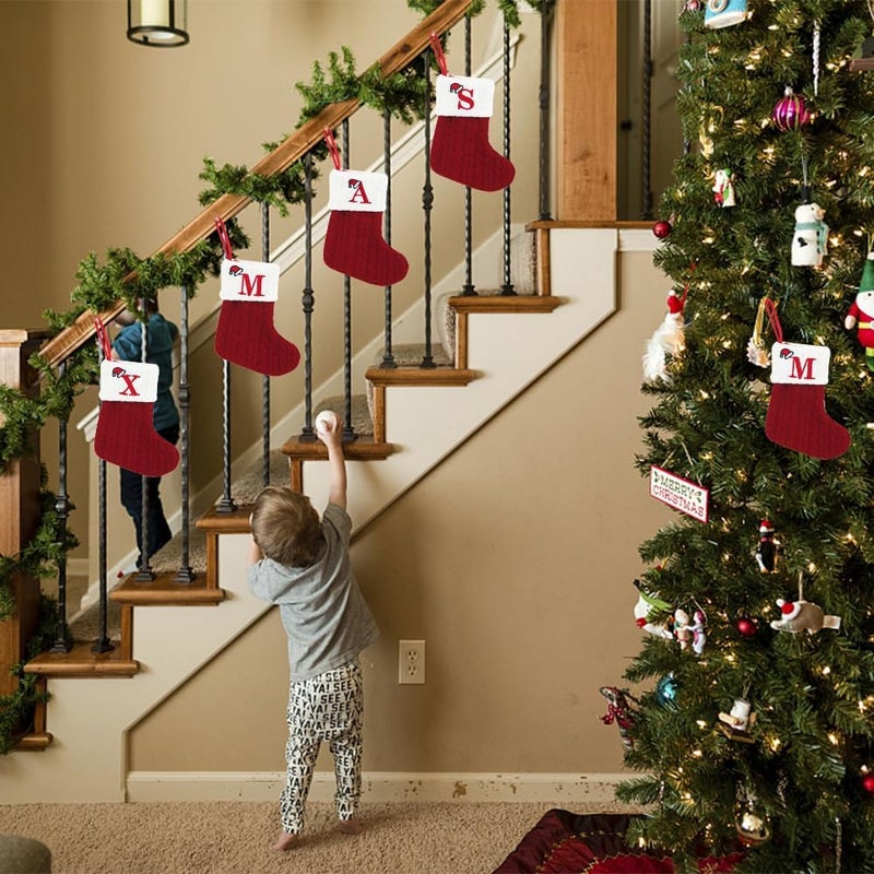 Threetols Christmas Stockings with Initial, Small Embroidered Letter Knit Red White Christmas Stocking Letter Monogram Hanging Xmas Stockings for Family Christmas Tree Fireplace Decoration (M) - Image 2